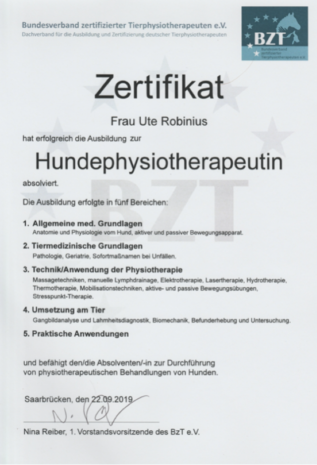 Zertifikat Tierphysiotherapie Zertifikat Tierphysiotherapie